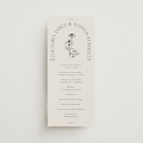 This is a linen unique wedding programs with foil pressed by Baumbirdy called floral type arch printing on signature in standard