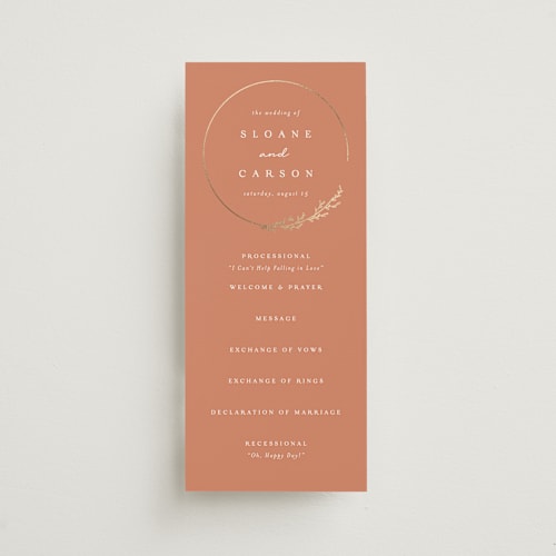 This is a terracotta unique wedding programs with foil pressed by Brianne Larsen called branched printing on signature in standard