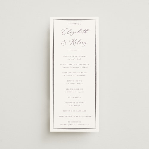 This is a lilac unique wedding programs with foil pressed by Corinne Malesic called bow printing on signature in standard