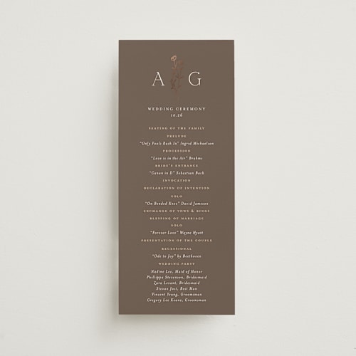 This is a peacan unique wedding programs with foil pressed by chocomocacino called kouignette printing on signature in 4x9