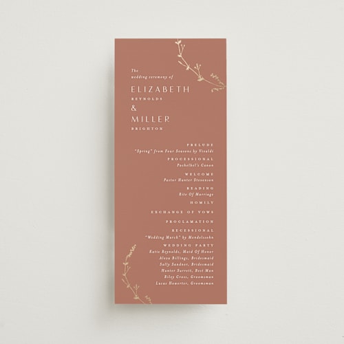 This is a copper unique wedding programs with foil pressed by Amy Kross called vine wrap printing on signature in standard