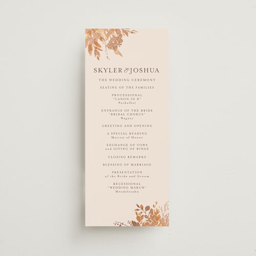 This is a rust unique wedding programs with foil pressed by Chris Griffith called wedding in aspen printing on signature in standard