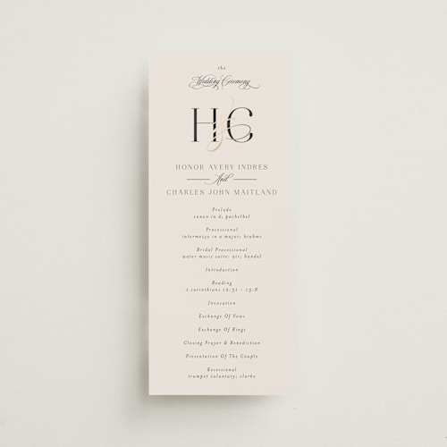 This is a ivory unique wedding programs with foil pressed by Melanie Kosuge called honor printing on signature in standard