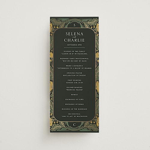 This is a buttercup unique wedding programs with foil pressed by Jen Owens called embellished printing on signature in 4x9