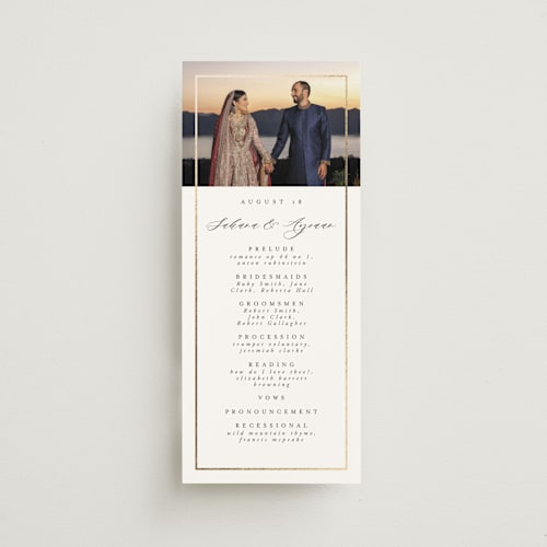 This is a pearl unique wedding programs with foil pressed by Nicole Walsh called gilded frame printing on signature in standard