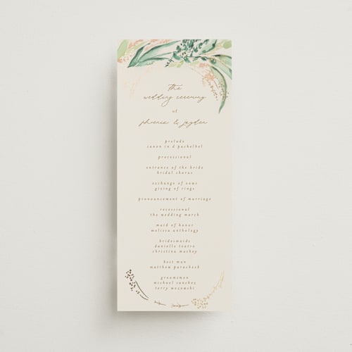 This is a greenery unique wedding programs with foil pressed by Phrosné Barwood called fresh tropical printing on signature in 4x9