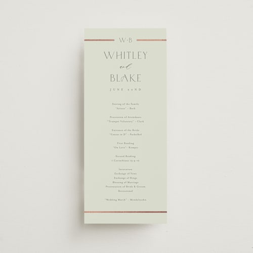 This is a oyster unique wedding programs with foil pressed by Stacey Meacham called luster printing on signature in 4x9