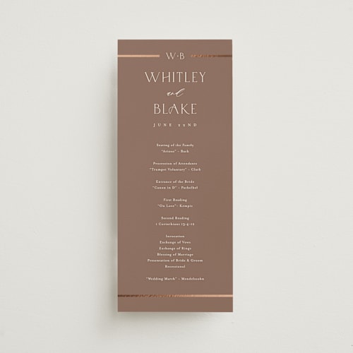 This is a rust unique wedding programs with foil pressed by Stacey Meacham called luster printing on signature in 4x9