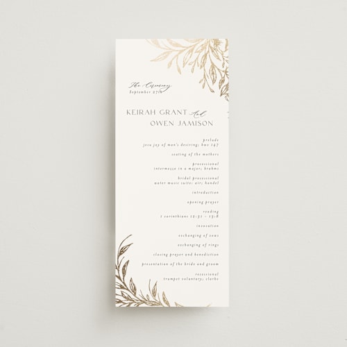 This is a pearl unique wedding programs with foil pressed by Melanie Kosuge called keirah printing on signature in standard