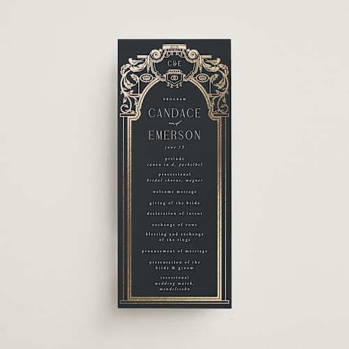 This is a onyx unique wedding programs with foil pressed by Ana de Sousa called mirror printing on signature in 4x9
