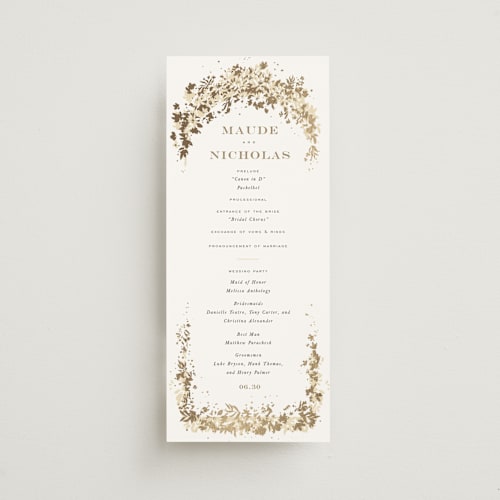 This is a honeysuckle unique wedding programs with foil pressed by Leah Bisch called heritage printing on signature in 4x9