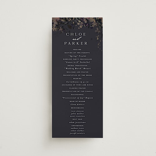 This is a midnight unique wedding programs with foil pressed by Grace Kreinbrink called vintage rose garden printing on signature in standard