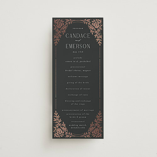 This is a onyx unique wedding programs with foil pressed by Ana de Sousa called gilded nouveau frame printing on signature in standard