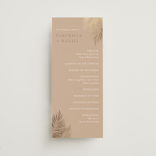 This is a tan unique wedding programs with foil pressed by lulu and isabelle called sunset by the sea printing on signature in standard
