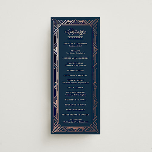 This is a navy unique wedding programs with foil pressed by Hooray Creative called opulent border printing on signature in 4x9