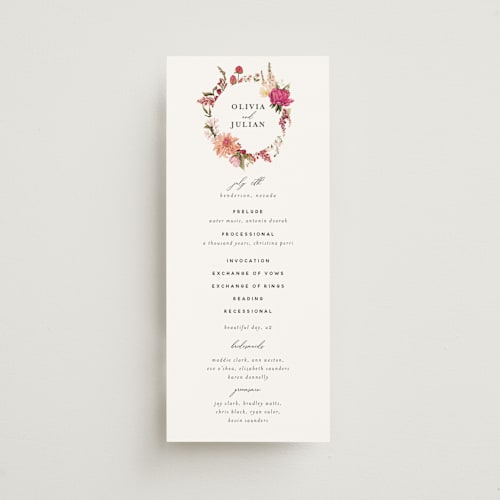 This is a magenta unique wedding programs with foil pressed by Susan Moyal called lush printing on signature in standard