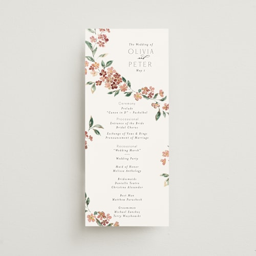 This is a dusty rose unique wedding programs with foil pressed by Itsy Belle Studio called sweeping vine printing on signature in standard