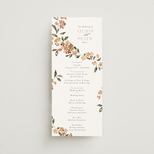 This is a terracotta unique wedding programs with foil pressed by Itsy Belle Studio called sweeping vine printing on signature in standard
