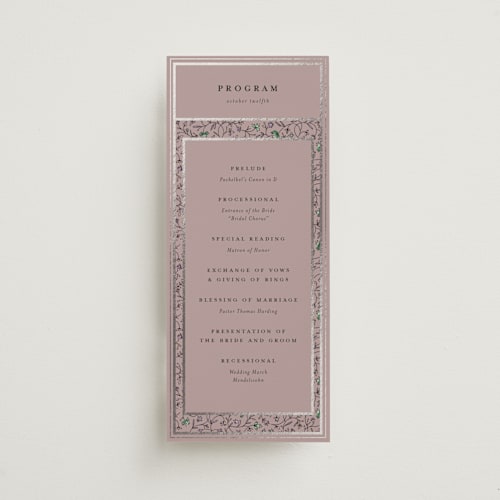 This is a mauve unique wedding programs with foil pressed by Stephanie Hawkes called hansen printing on signature in standard