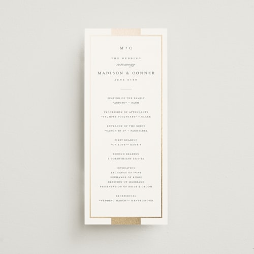 This is a slate unique wedding programs with foil pressed by Stacey Meacham called refined style printing on signature in 4x9