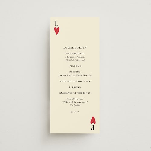 This is a champagne unique wedding programs with standard by Helena Vitto called red hearts printing on signature in 4x9