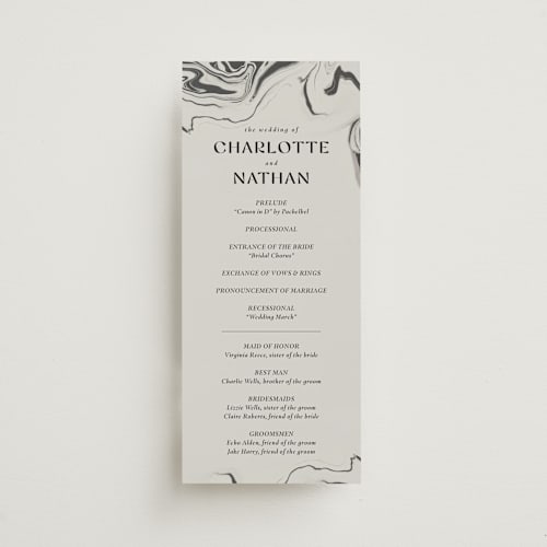 This is a iron unique wedding programs with standard by Kimberley Henze called marbled agate printing on signature in standard