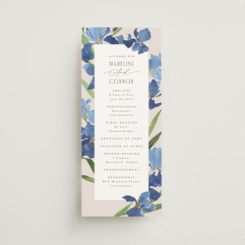 This is a natural unique wedding programs with standard by Everett Paper Goods called irises printing on signature in 4x9