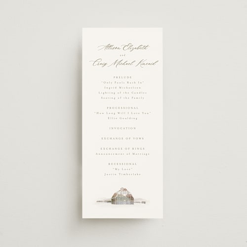 This is a fawn unique wedding programs with standard by AK Graphics called rustic barn printing on signature in standard