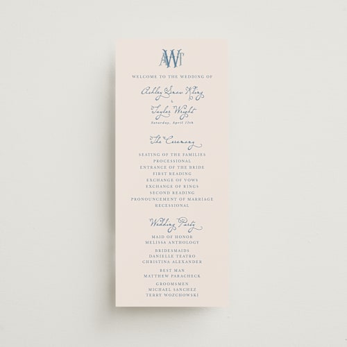 This is a royal unique wedding programs with standard by Cass Loh called swan crest printing on signature in 4x9