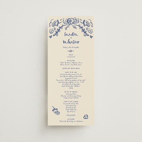 This is a marseille blue unique wedding programs with standard by Ani Somi called santa catalina printing on signature in 4x9