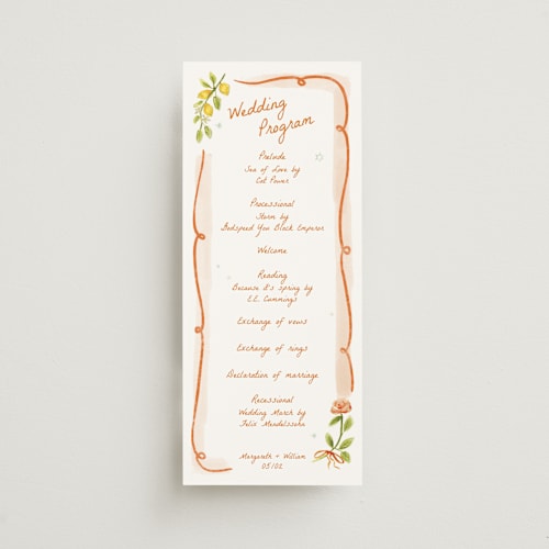 This is a flame unique wedding programs with standard by Pati Cascino called giardino printing on signature in 4x9