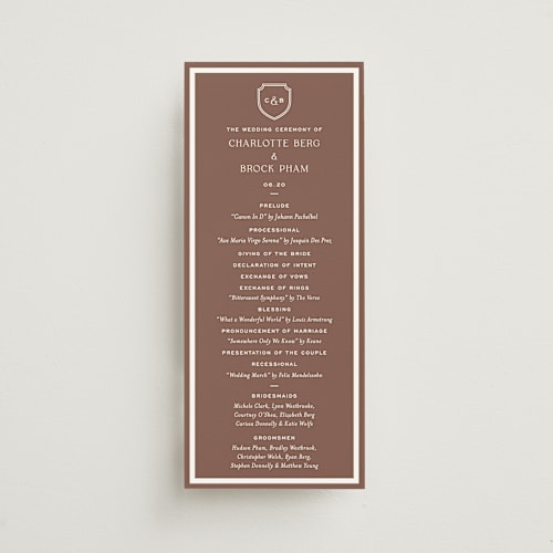 This is a cognac unique wedding programs with standard by Megan Davis called racquet printing on signature in 4x9