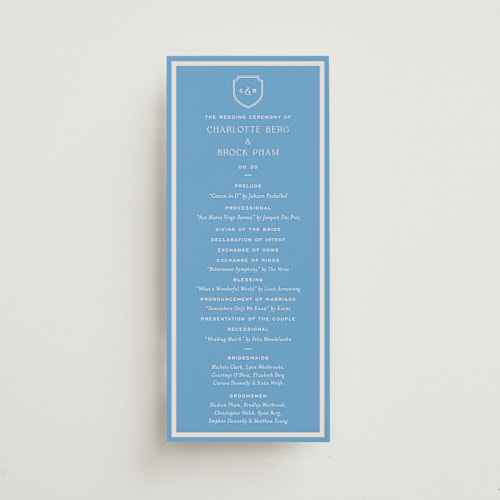 This is a bluebell unique wedding programs with standard by Megan Davis called racquet printing on signature in 4x9