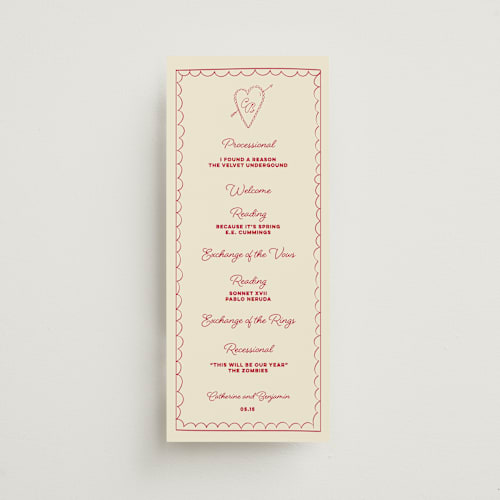 This is a strawberry unique wedding programs with standard by Helena Vitto called crazy little thing called love printing on signature in 4x9