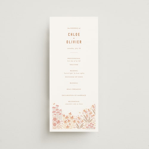 This is a peach unique wedding programs with standard by Pippa Shaw called floral border printing on signature in standard