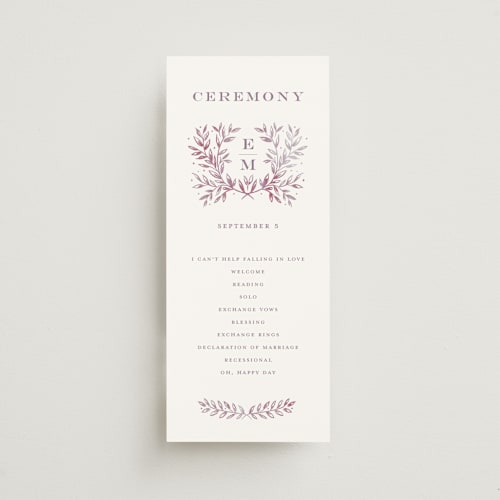 This is a violet unique wedding programs with standard by Petra Kern called royal printing on signature in standard