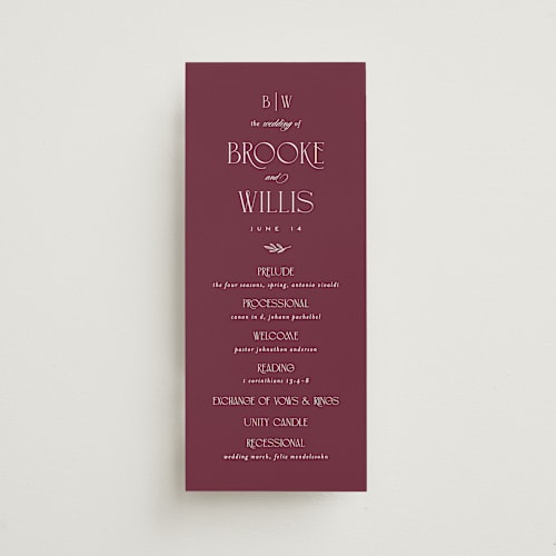 This is a merlot unique wedding programs with standard by Erica Krystek called arched monogram printing on signature in 4x9