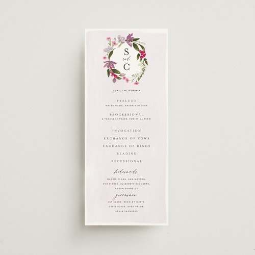 This is a lilac unique wedding programs with standard by Susan Moyal called gather printing on signature in standard