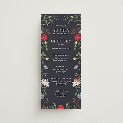 This is a midnight unique wedding programs with standard by Sarah Knight called wild meadow printing on signature in 4x9