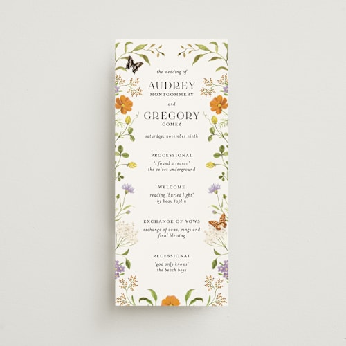 This is a persimmon unique wedding programs with standard by Sarah Knight called wild meadow printing on signature in standard