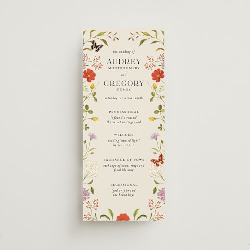 This is a poppy unique wedding programs with standard by Sarah Knight called wild meadow printing on signature in 4x9