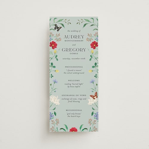 This is a mint unique wedding programs with standard by Sarah Knight called wild meadow printing on signature in 4x9