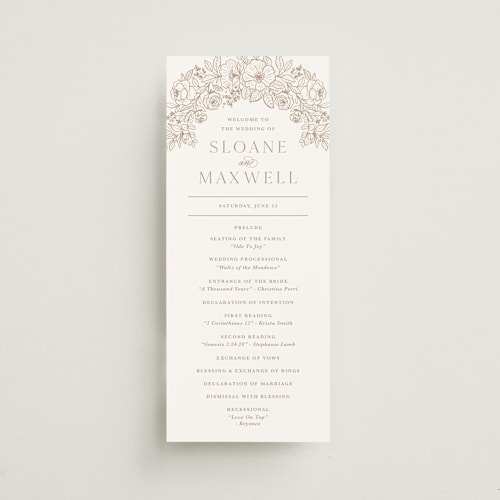 This is a kraft unique wedding programs with standard by Kristen Smith called wild roses printing on signature in 4x9