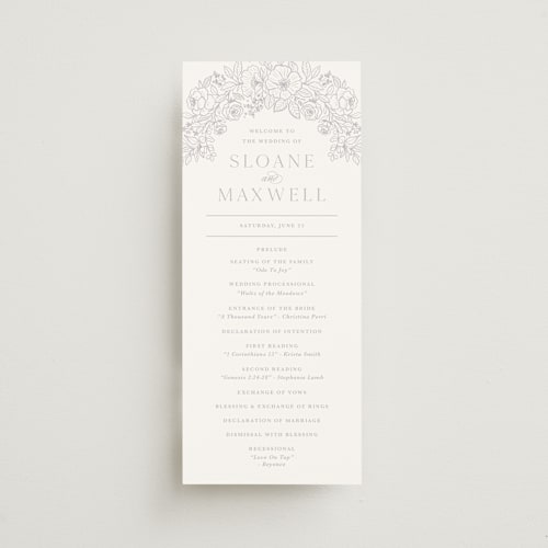 This is a lavender unique wedding programs with standard by Kristen Smith called wild roses printing on signature in standard