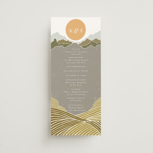 This is a sage unique wedding programs with standard by Shiny Penny Studio called valley of the moon printing on signature in standard