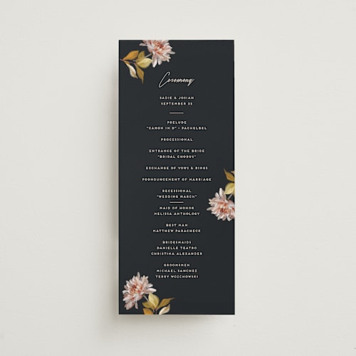 This is a navy unique wedding programs with standard by Olivia Kanaley Inman called dahlia season printing on signature in standard