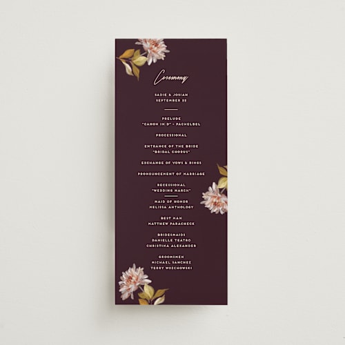 This is a petal unique wedding programs with standard by Olivia Kanaley Inman called dahlia season printing on signature in standard