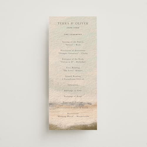 This is a mahogany unique wedding programs with standard by Holly Whitcomb called bluestem fields printing on signature in 4x9