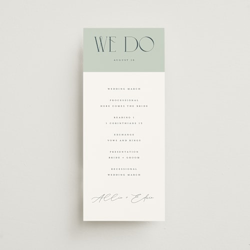 This is a seafoam unique wedding programs with standard by Christie Garcia called everly printing on signature in 4x9