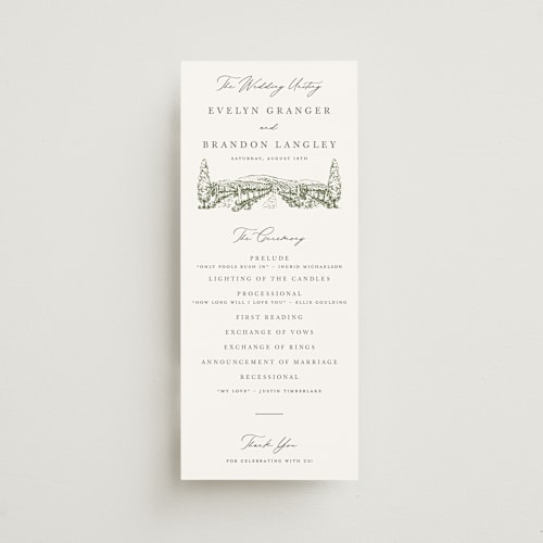 This is a olive unique wedding programs with standard by Sarah Brown called vineyard printing on signature in standard